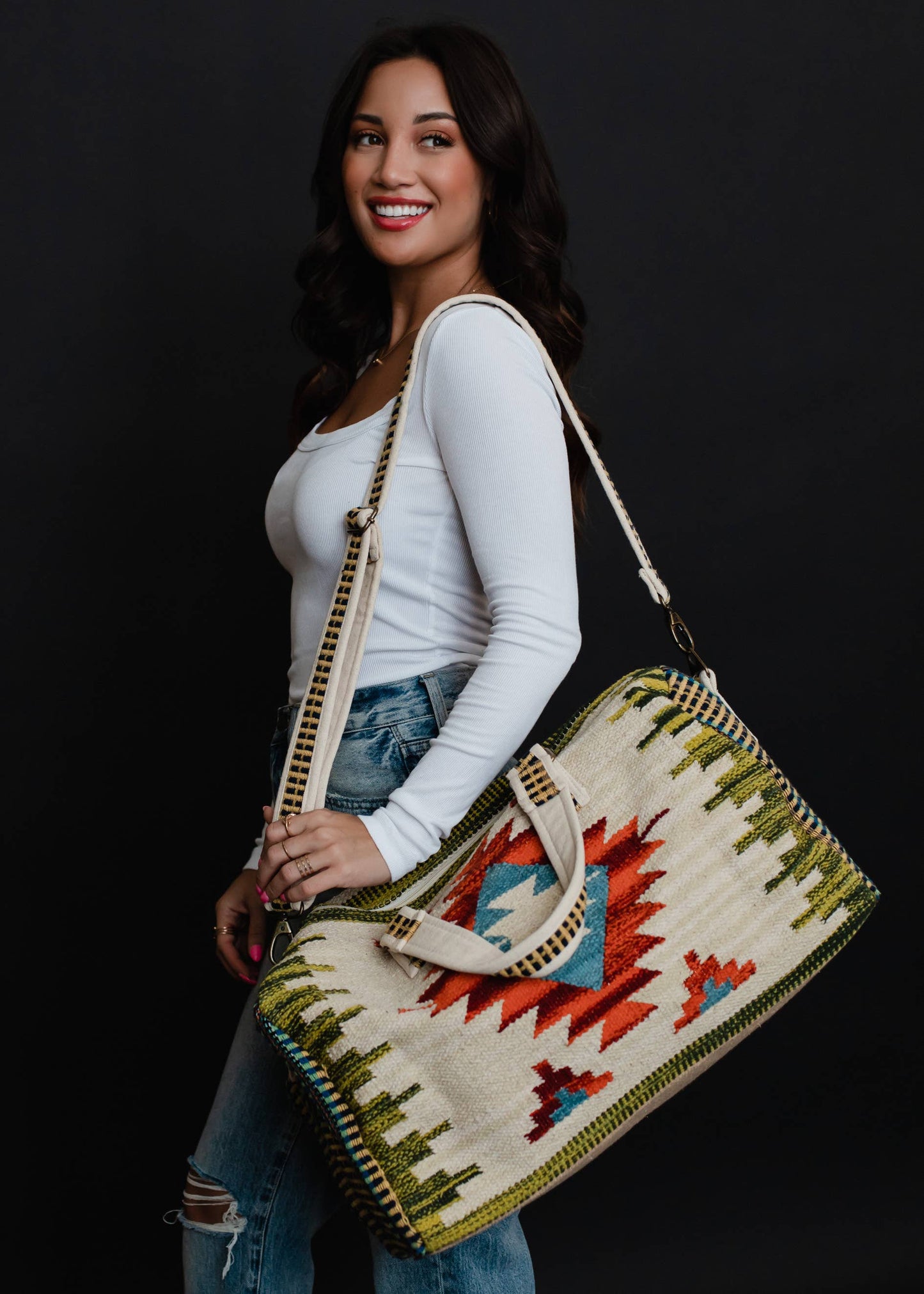 Tan & Multicolored Aztec Duffel