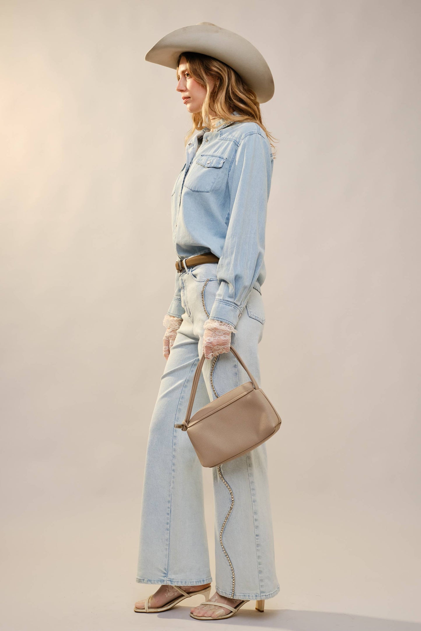 Mid Rise Wave Seam Studded Denim