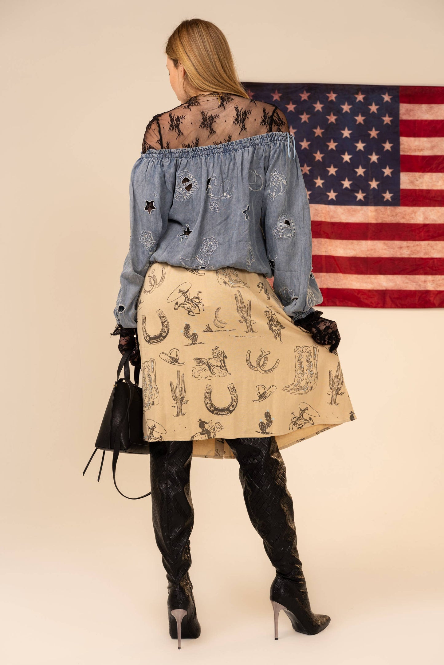 23956T Chambray Western Cutout Off Shoulder Top