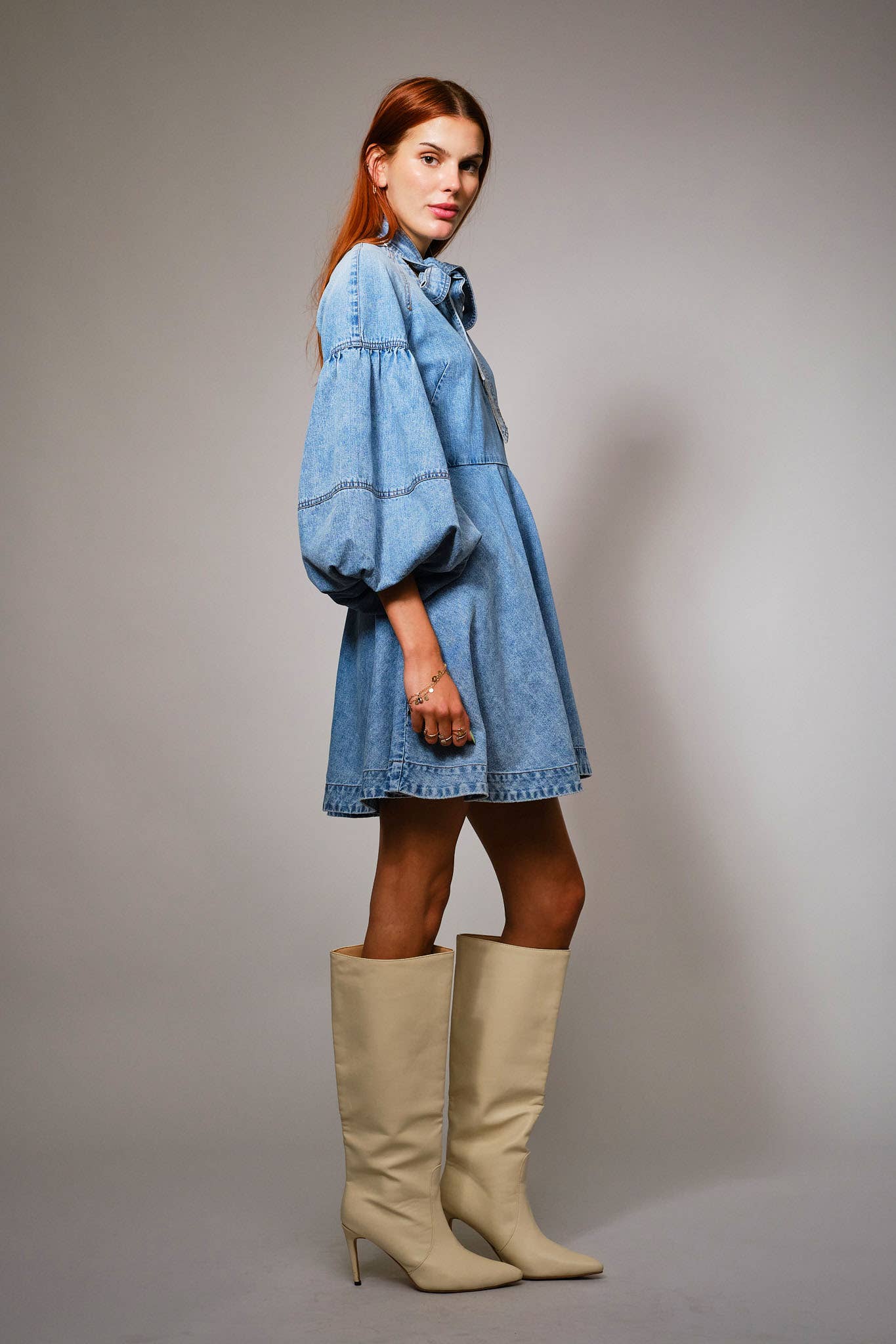 Tie Neck Puff Sleeve Denim Dress
