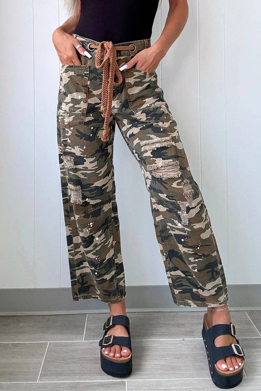 Green Camouflage Distressed Loose Denim Pants