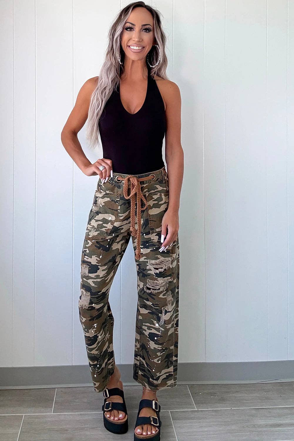 Green Camouflage Distressed Loose Denim Pants