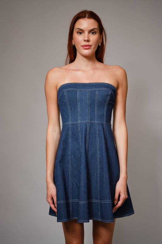 Striped Denim Tube Fit And Flare Mini Dress