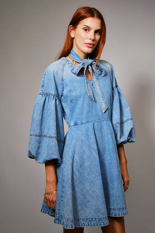 Tie Neck Puff Sleeve Denim Dress
