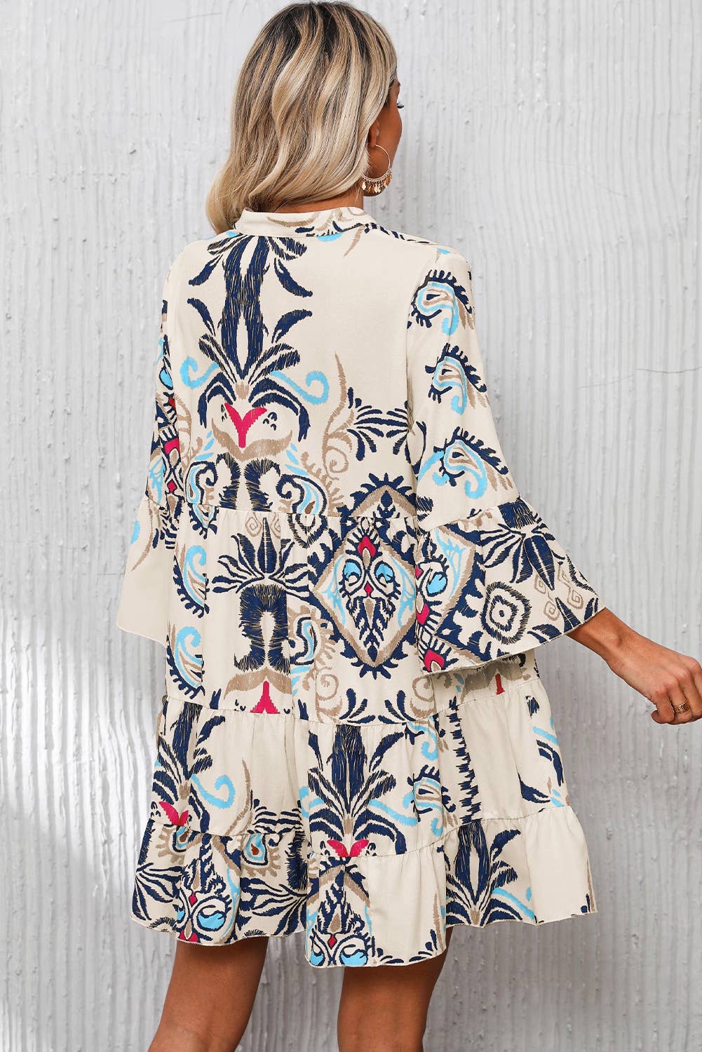 White Printed Bracelet Sleeve Buttoned Mini Dress