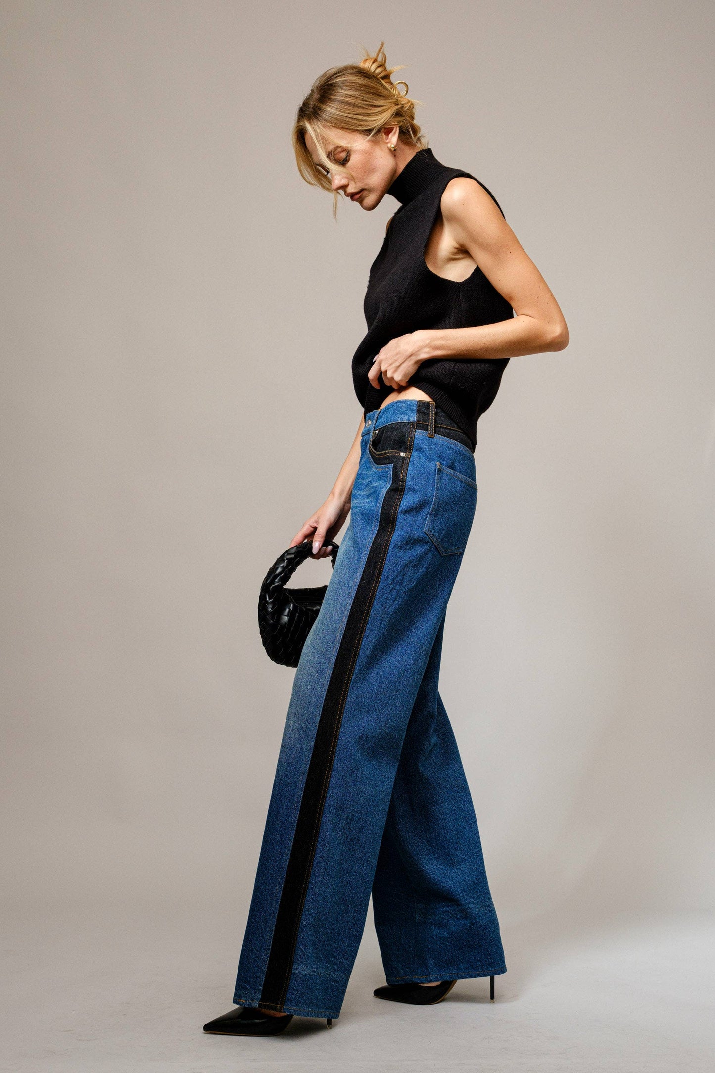 Western Two Tone Panel Wide Denim Jeans