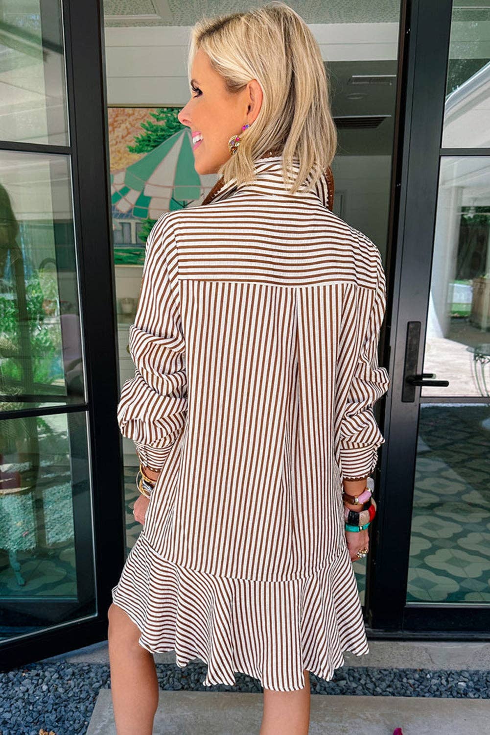 Khaki Stripe Shirt Collar Trim Ruffle Mini Dress
