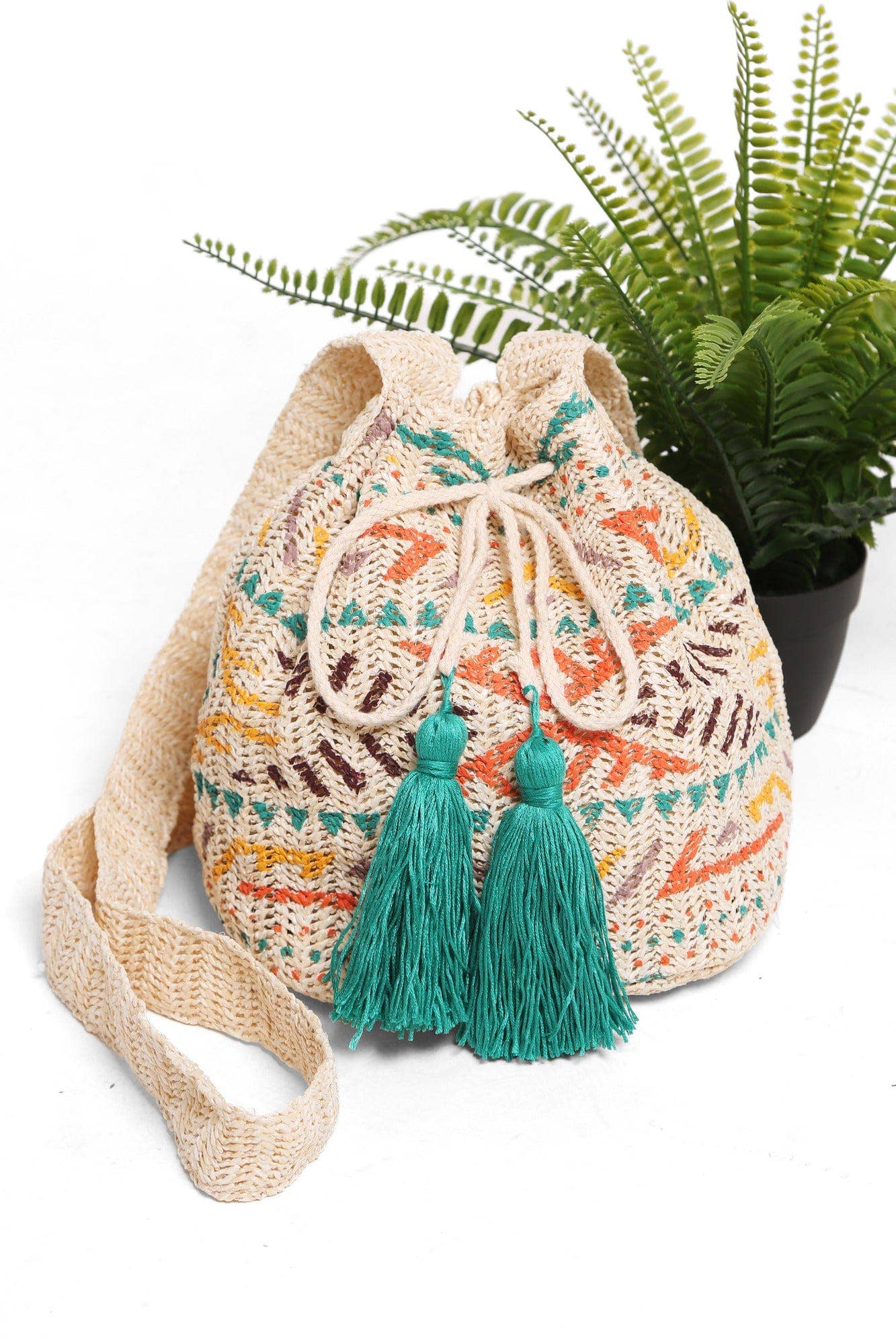 Ariel Tribal Straw Crossbody Bucket Bag