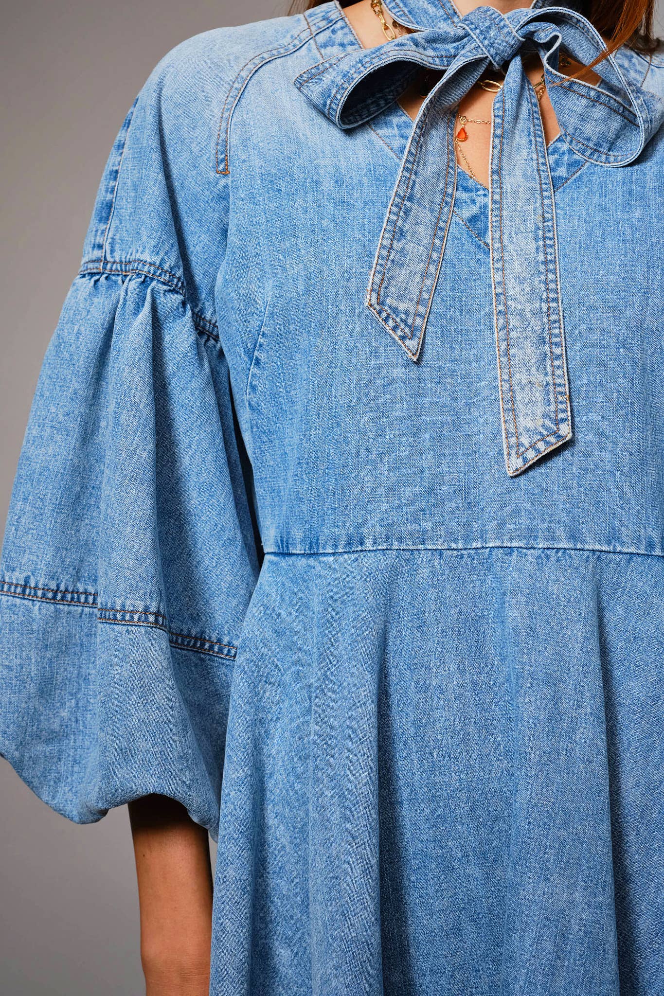 Tie Neck Puff Sleeve Denim Dress