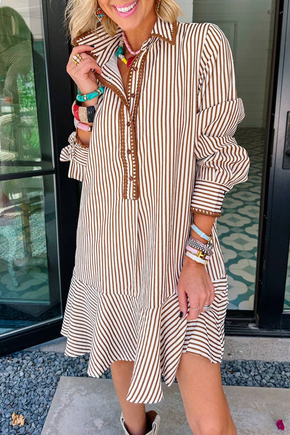Khaki Stripe Shirt Collar Trim Ruffle Mini Dress