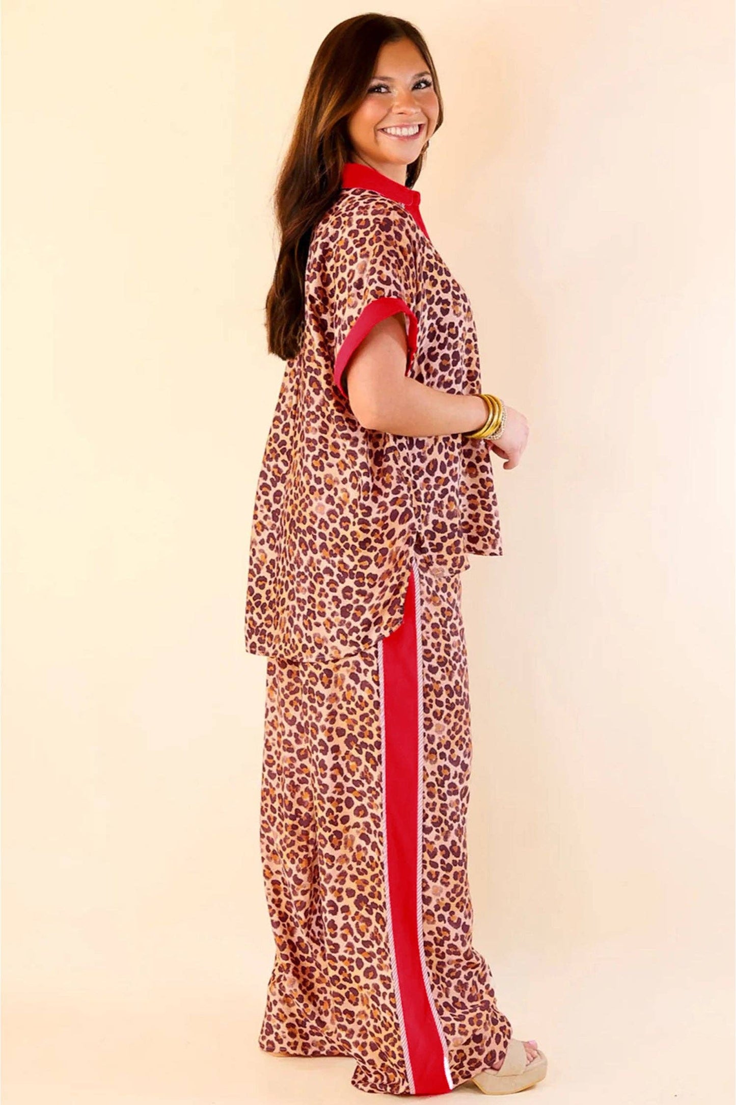 Brown Contrast Trim Leopard Top and Pant Set