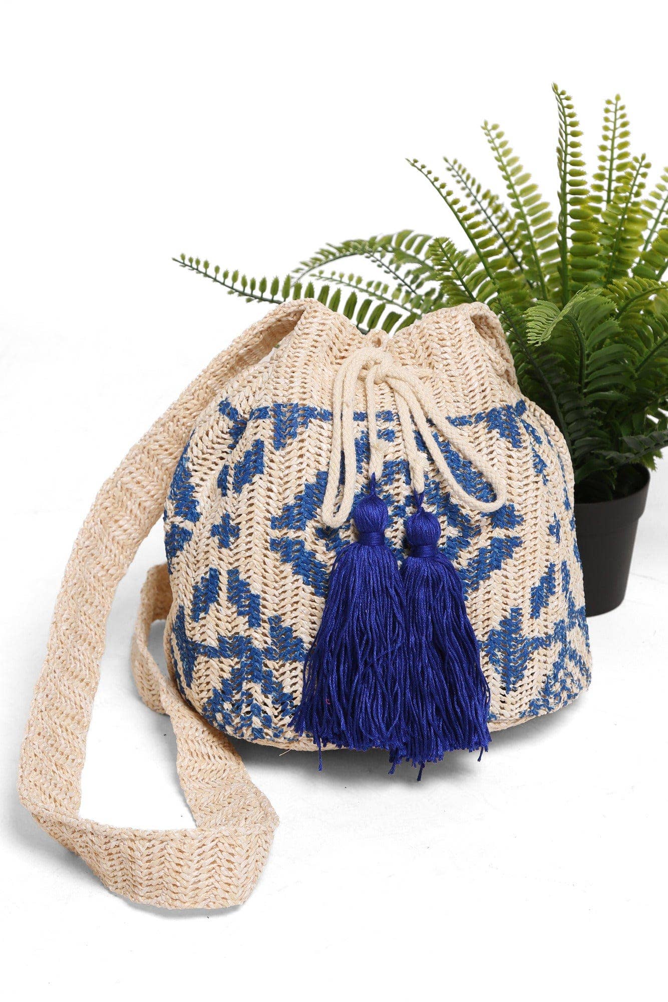 Ariel Tribal Straw Crossbody Bucket Bag