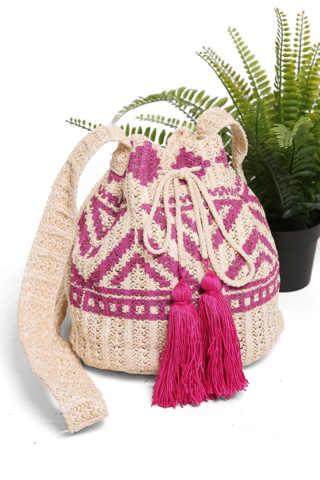 Ariel Tribal Straw Crossbody Bucket Bag