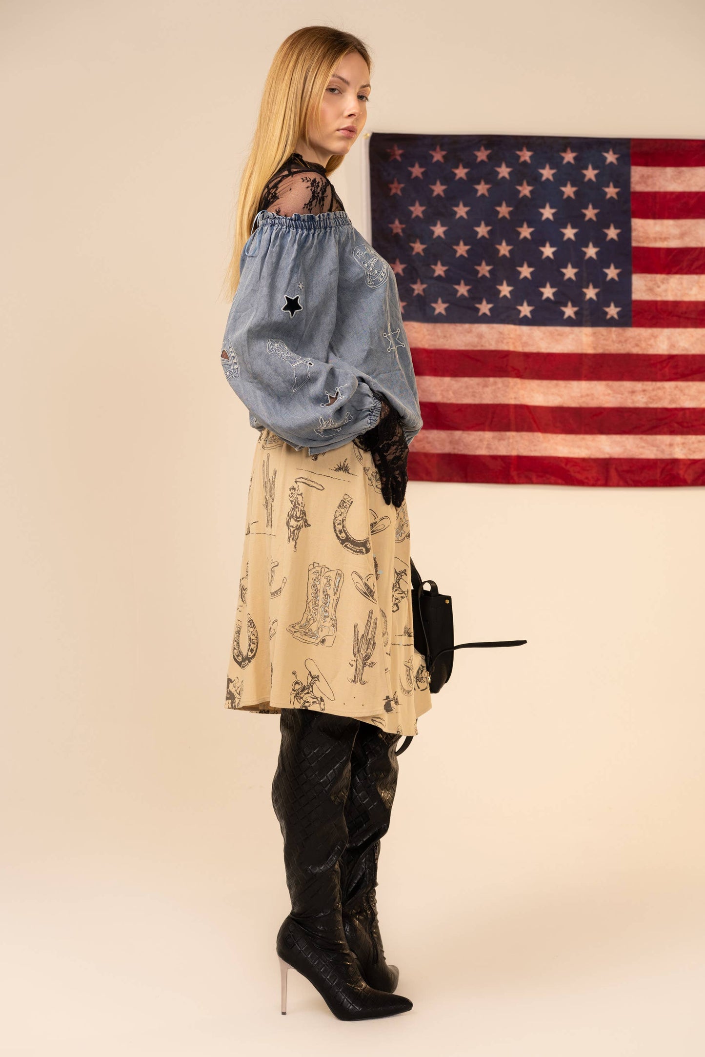 23956T Chambray Western Cutout Off Shoulder Top