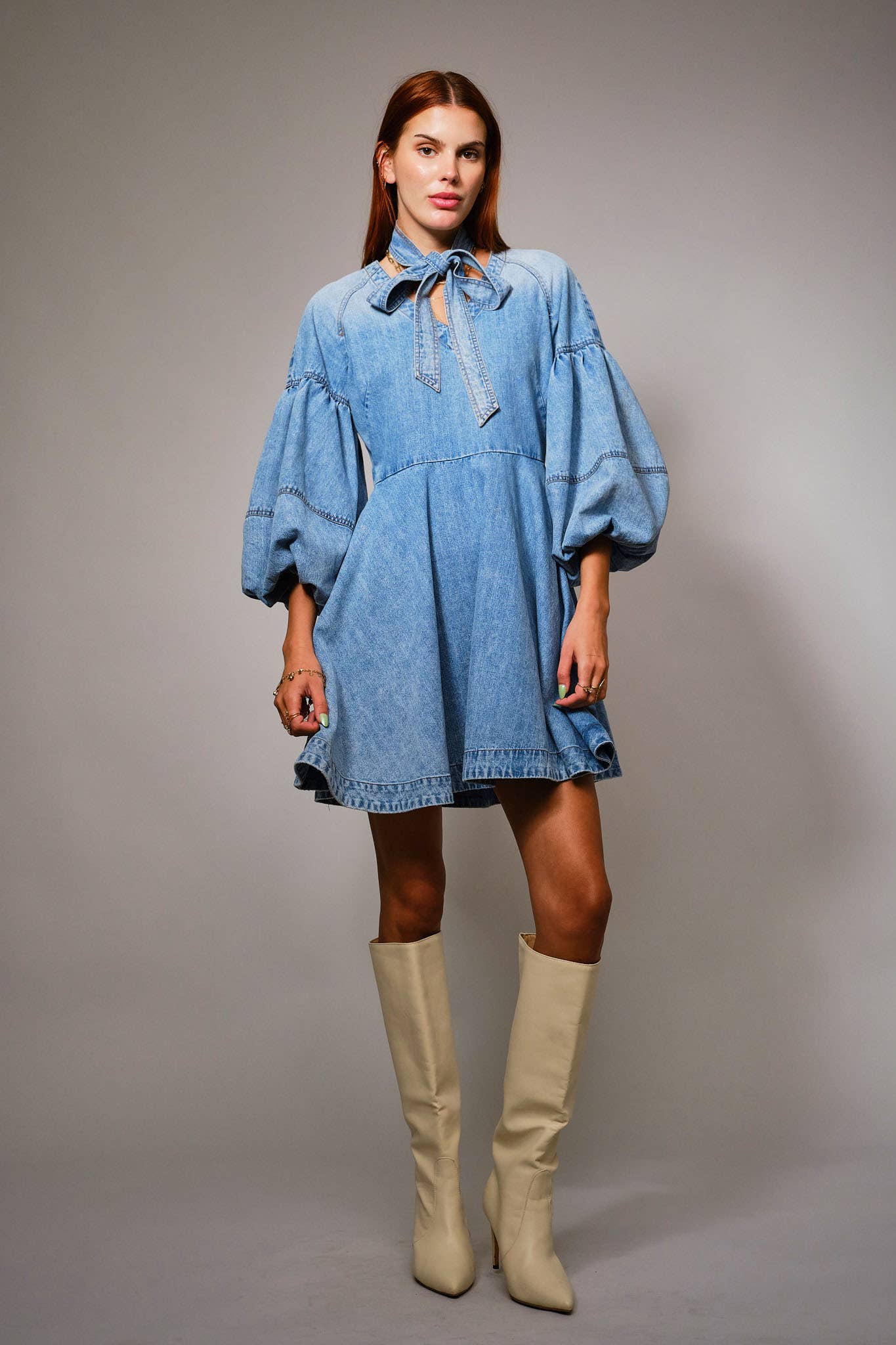 Tie Neck Puff Sleeve Denim Dress