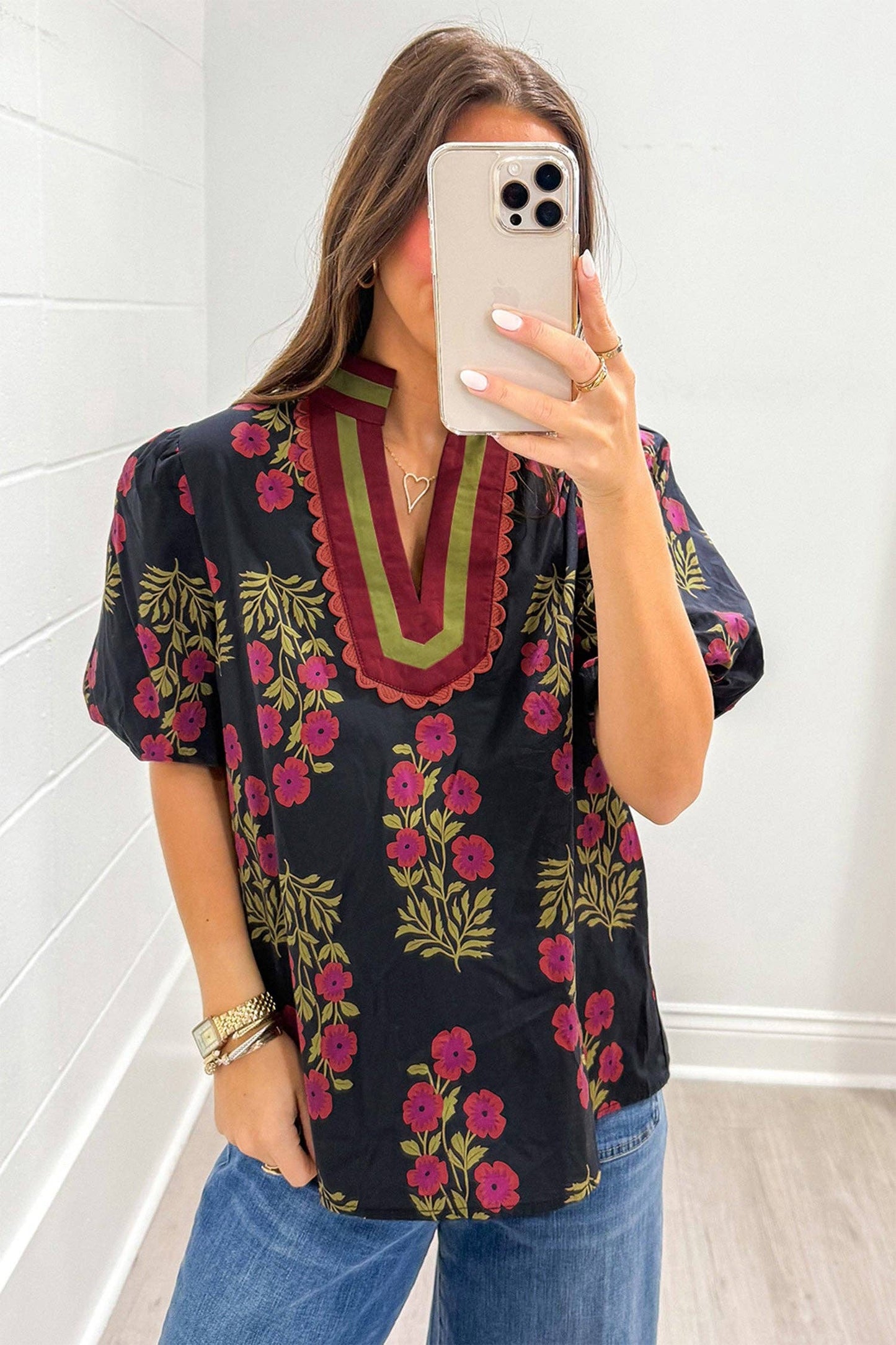Black Floral Short Bubble Sleeve Contrast Blouse