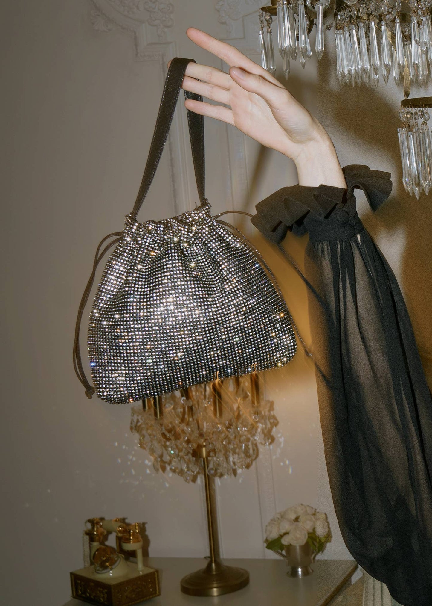 Last Call Rhinestone Drawstring Purse