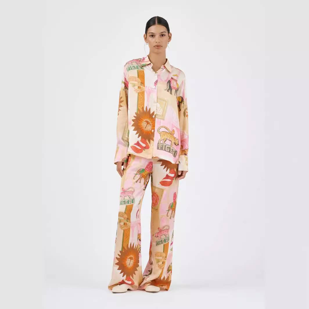 Fashionable printed macaron long sleeve shirt set