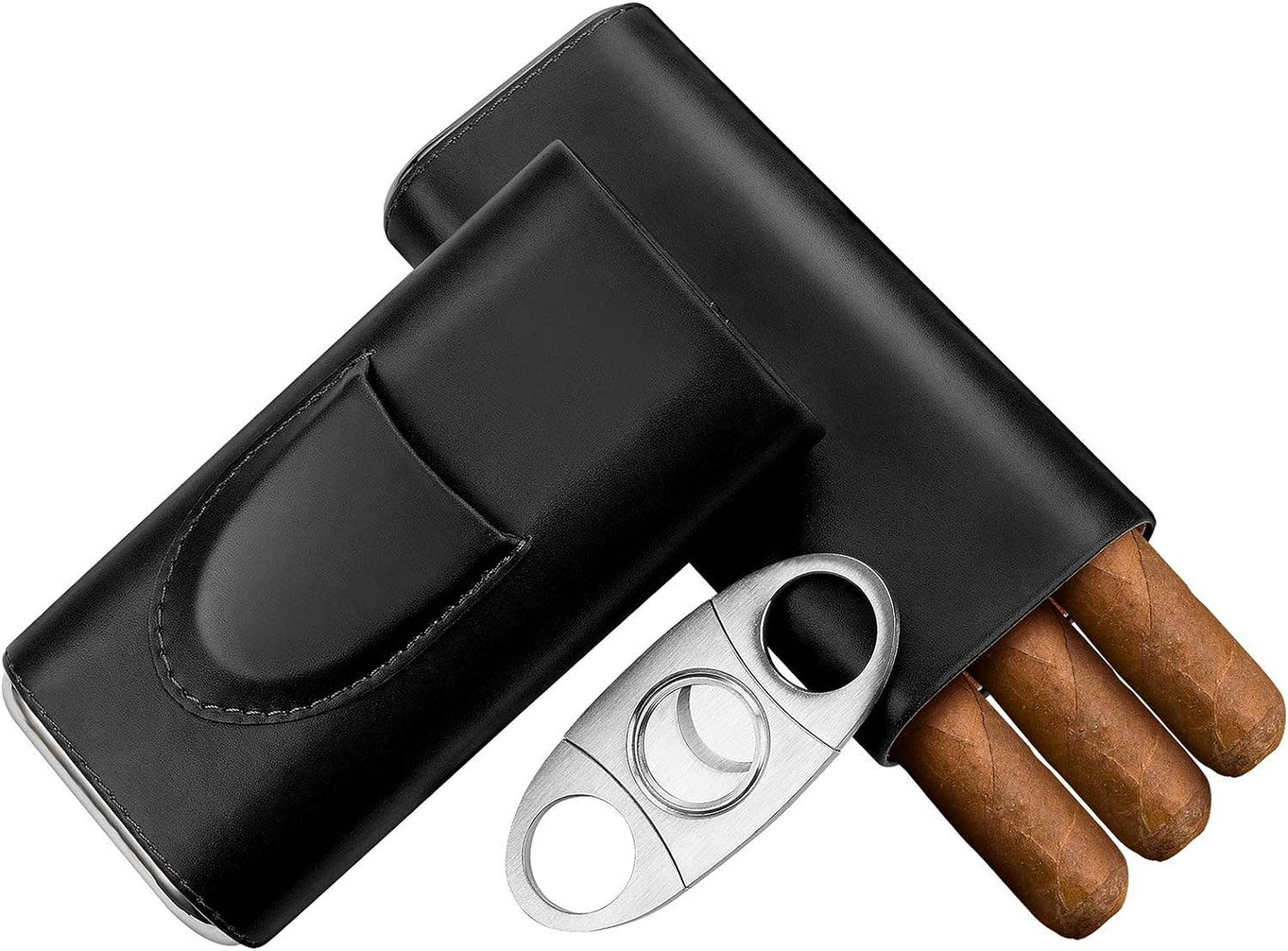 Genuine Leather Cigar Case - Wood Lined Humidor with Cutter