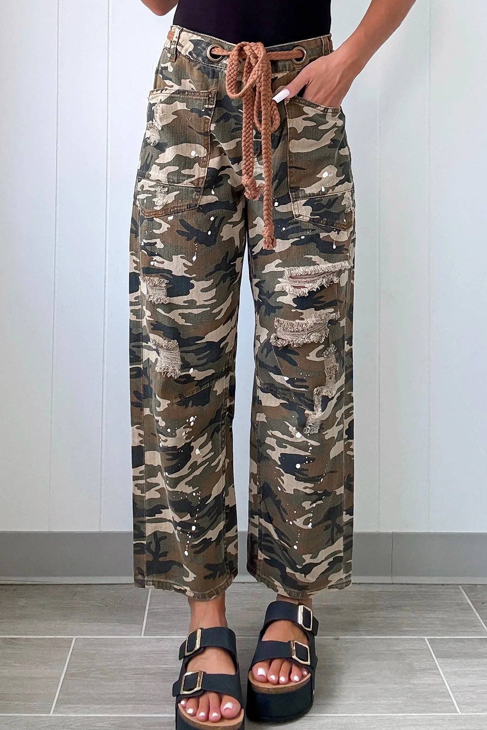 Green Camouflage Distressed Loose Denim Pants