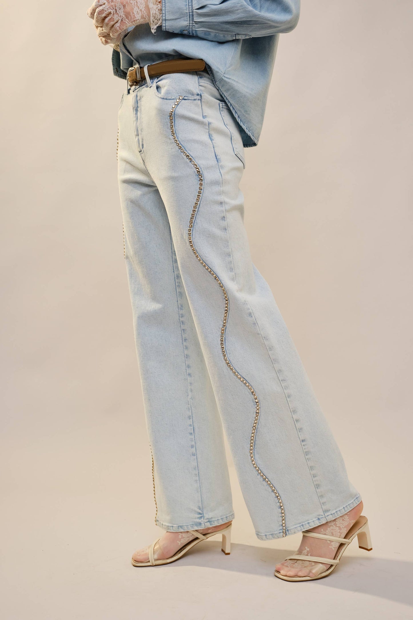 Mid Rise Wave Seam Studded Denim