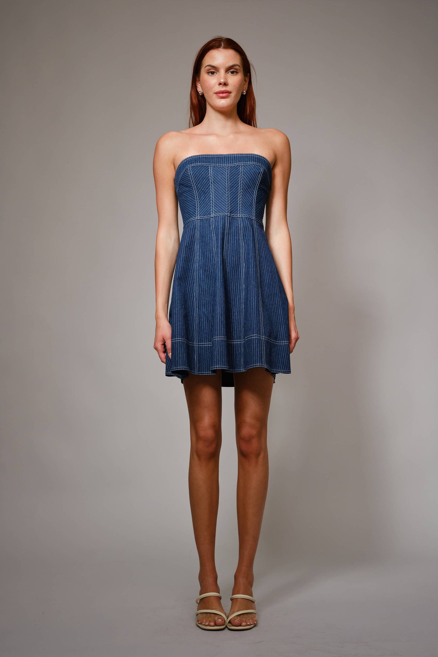 Striped Denim Tube Fit And Flare Mini Dress