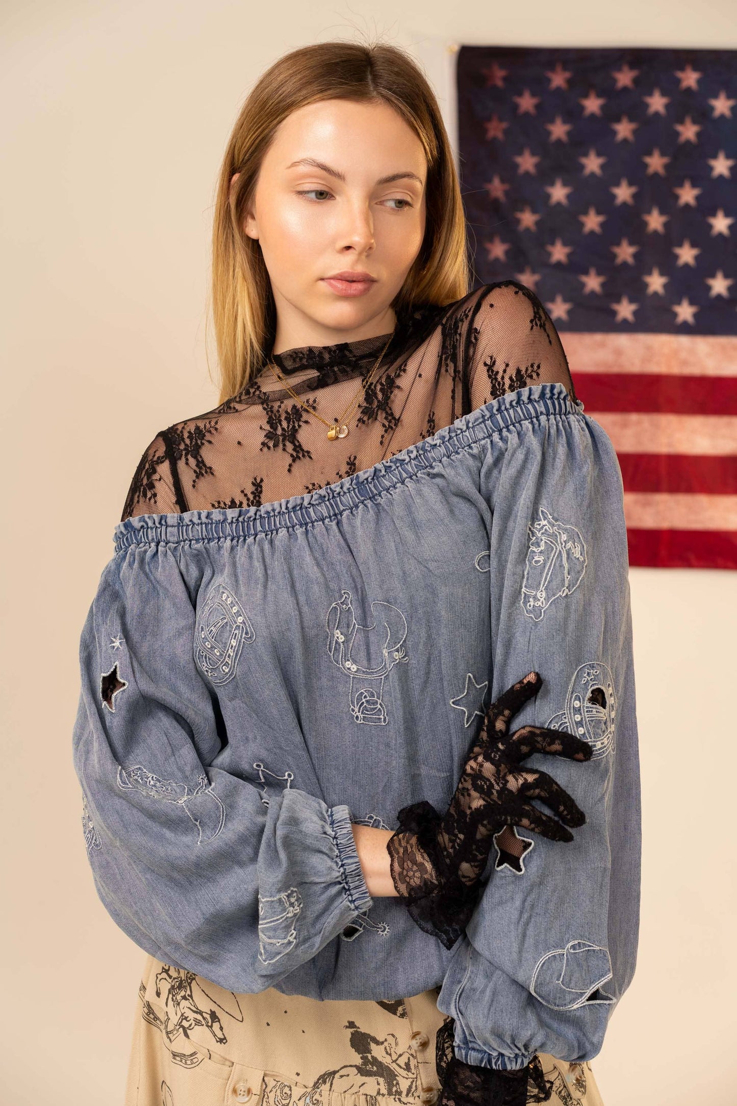 23956T Chambray Western Cutout Off Shoulder Top