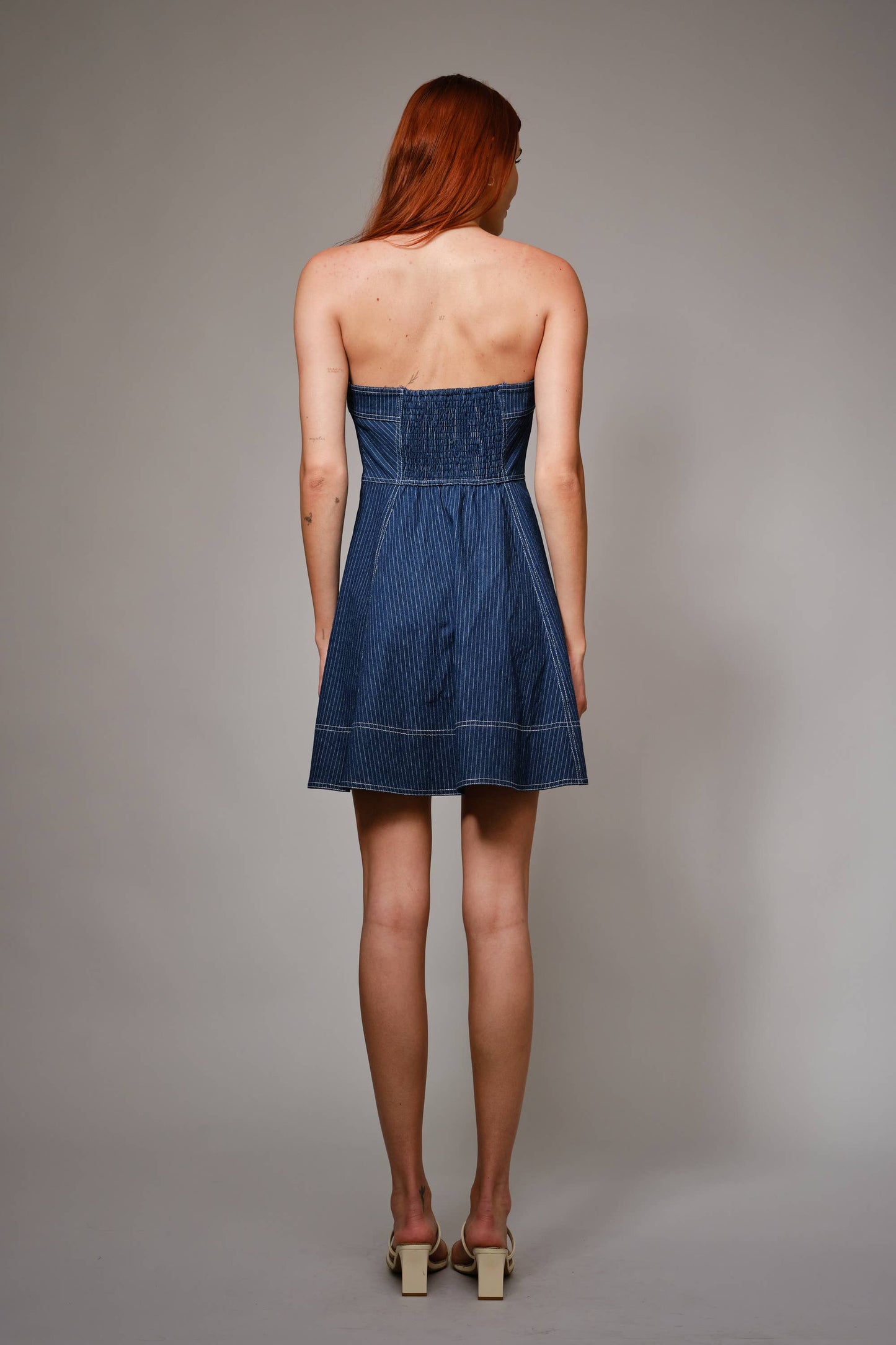 Striped Denim Tube Fit And Flare Mini Dress