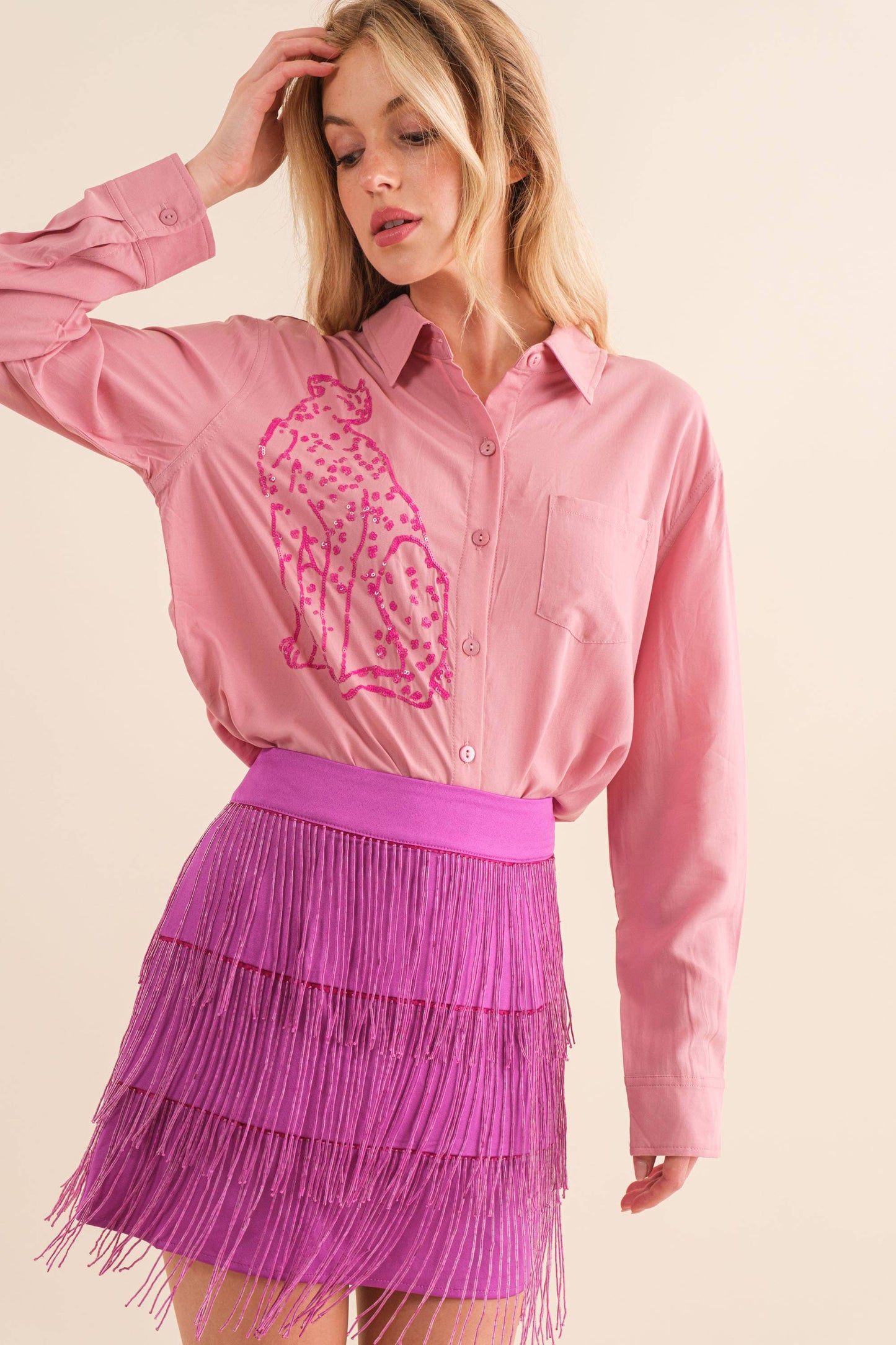 Sequin Embroidered Cheetah Tiger Graphic  Shirt