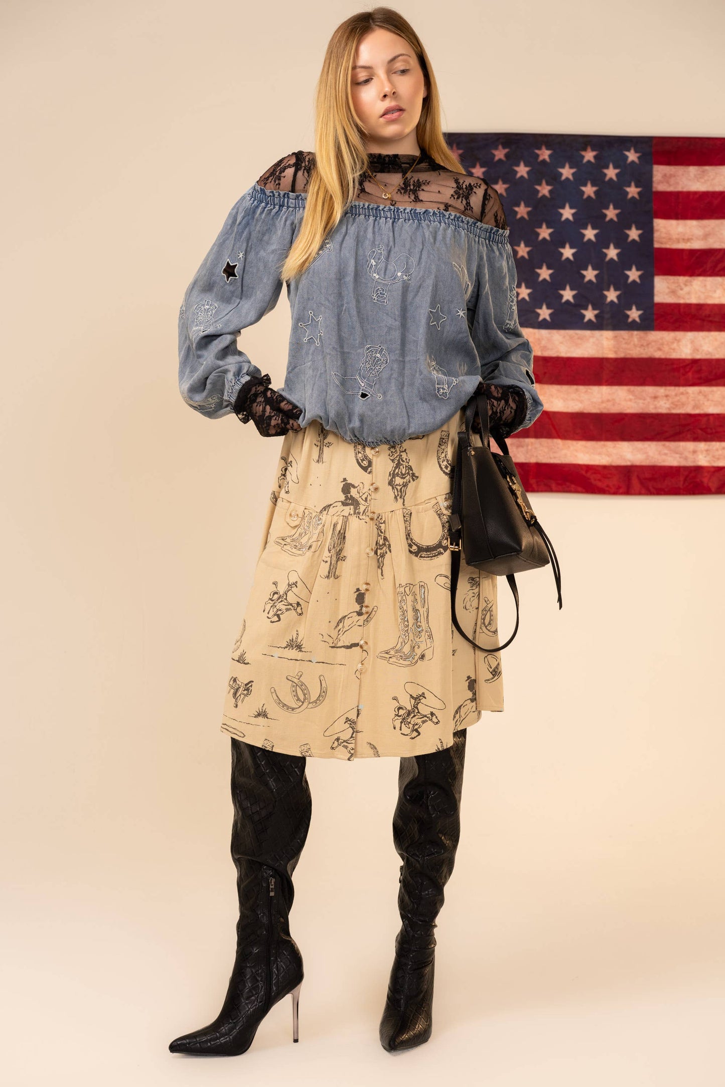 23956T Chambray Western Cutout Off Shoulder Top