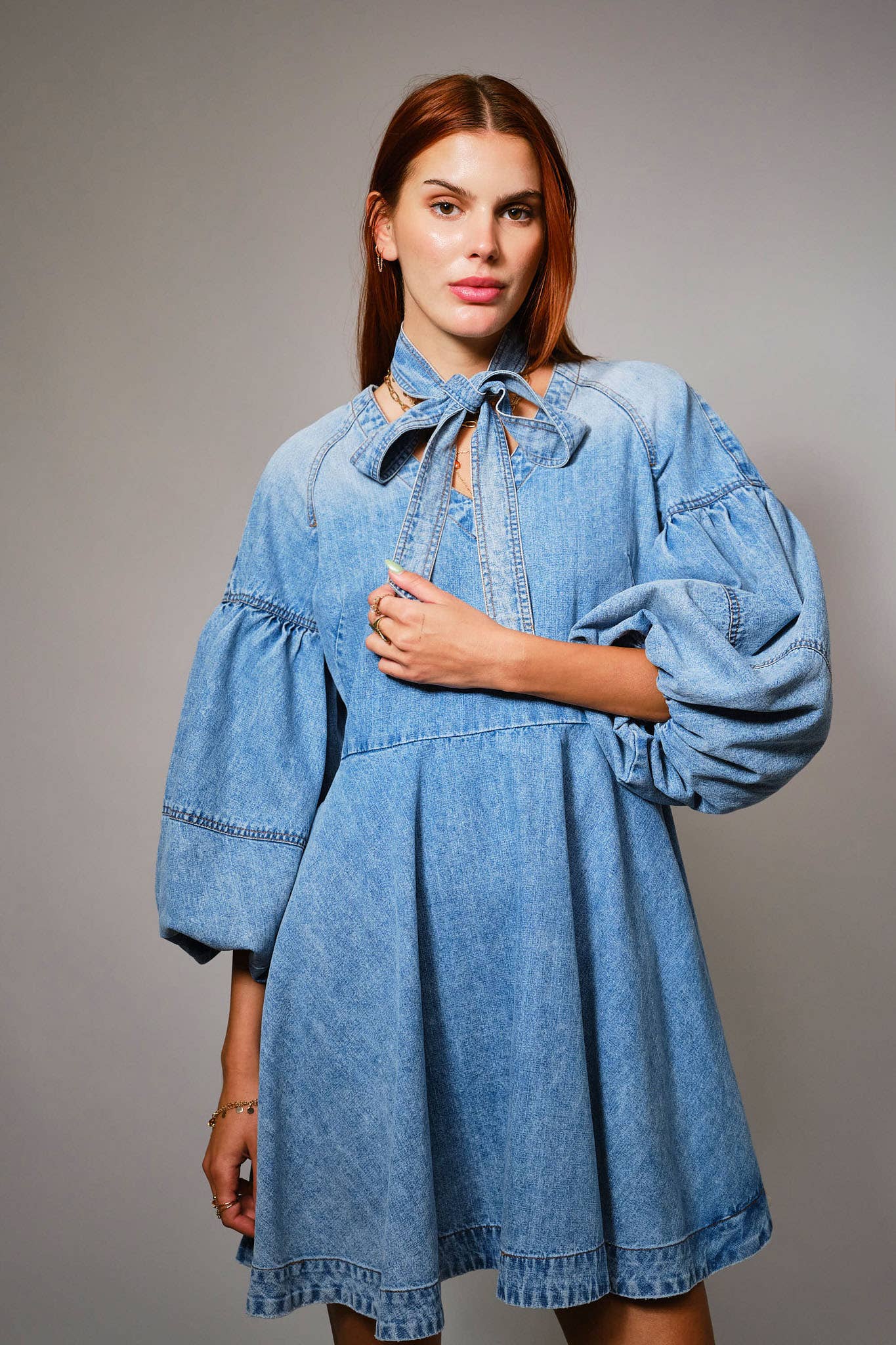 Tie Neck Puff Sleeve Denim Dress