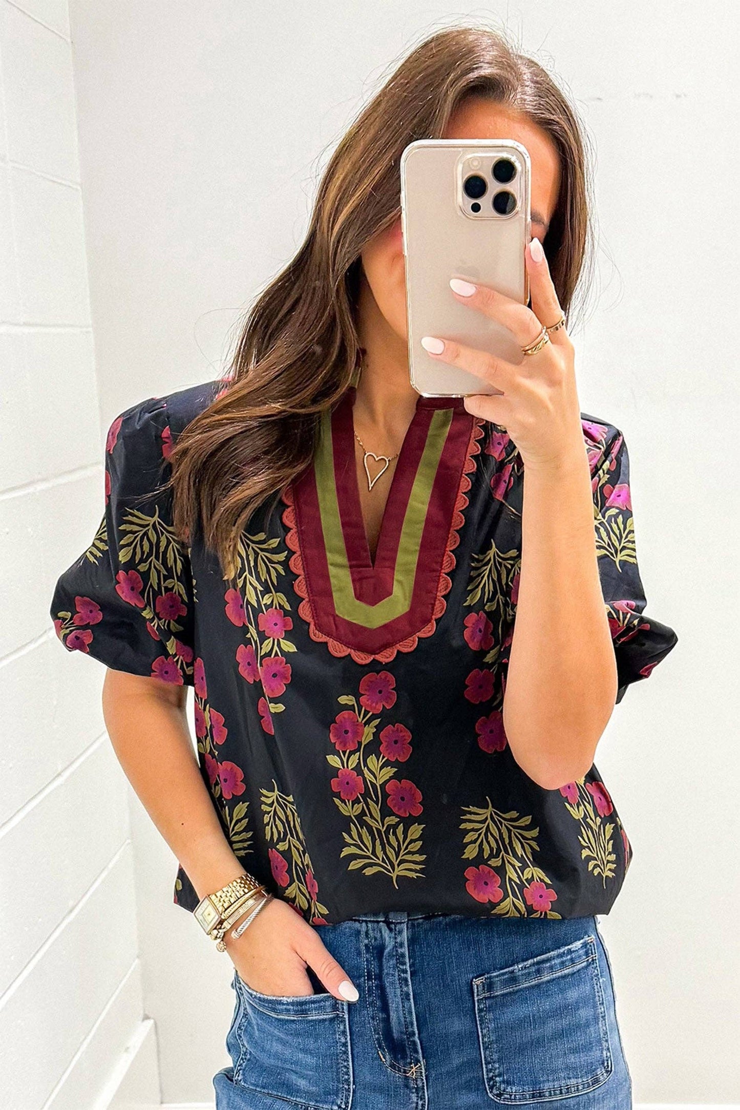 Black Floral Short Bubble Sleeve Contrast Blouse