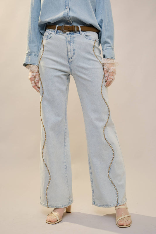 Mid Rise Wave Seam Studded Denim