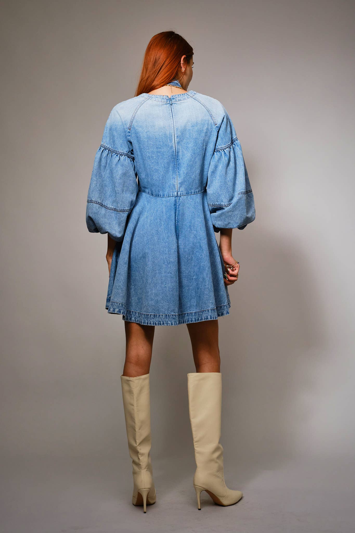 Tie Neck Puff Sleeve Denim Dress