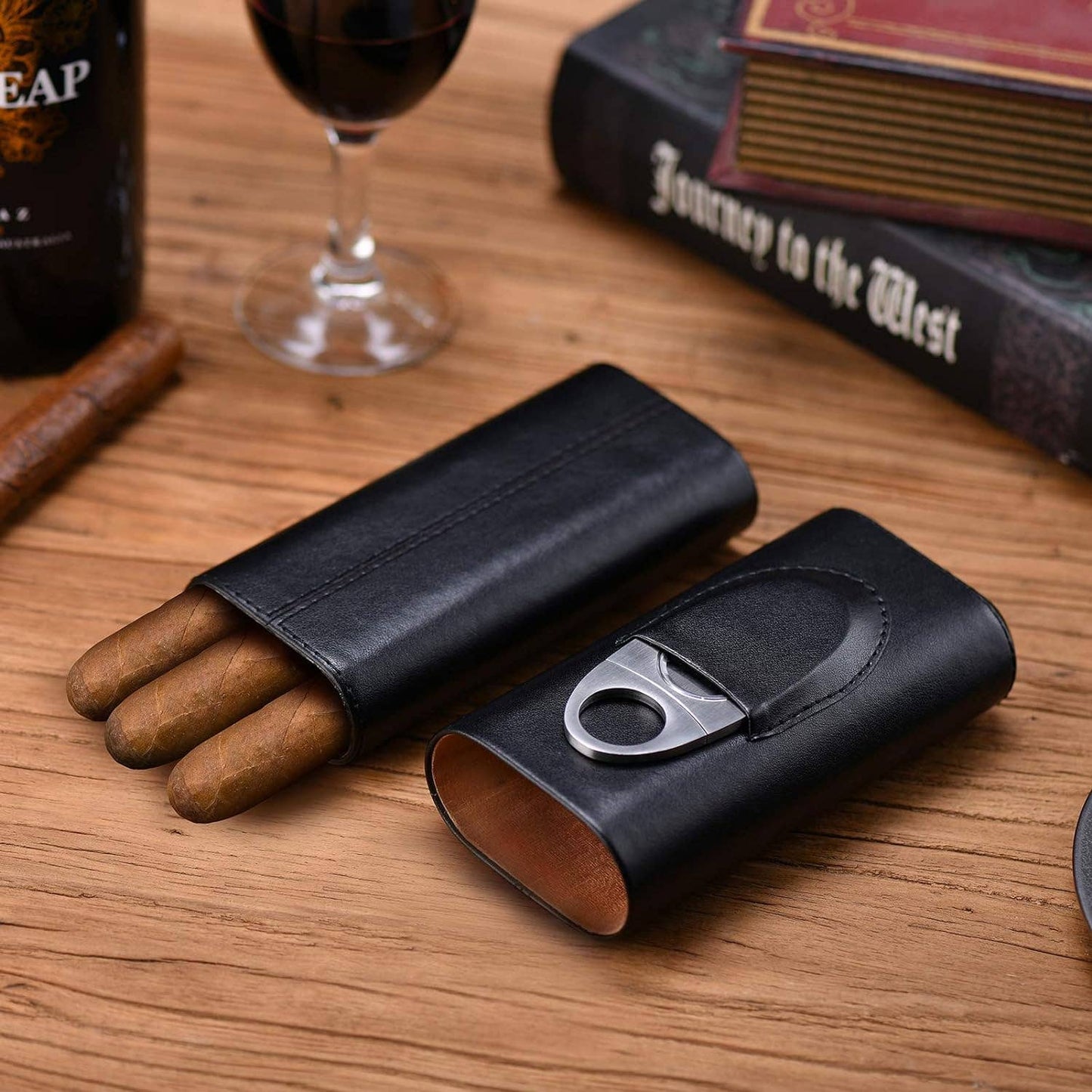 Genuine Leather Cigar Case - Wood Lined Humidor with Cutter