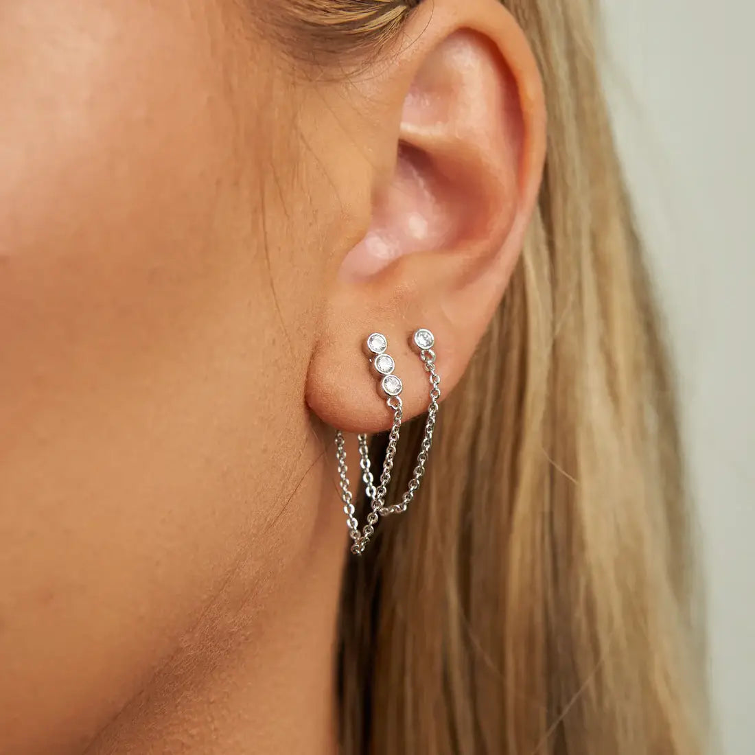 Demi-Fine Silver Crystal Chain Earring Set