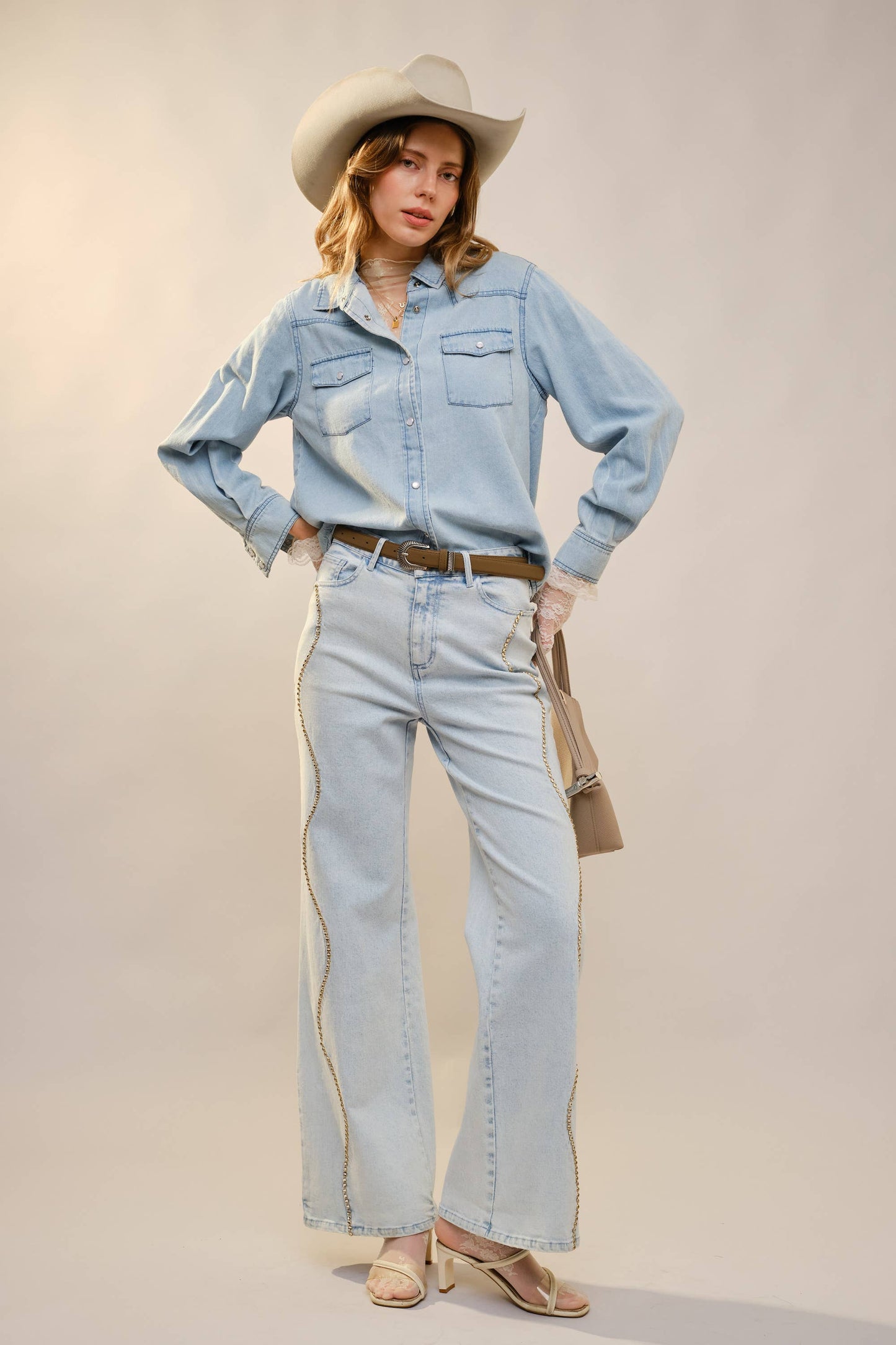 Mid Rise Wave Seam Studded Denim