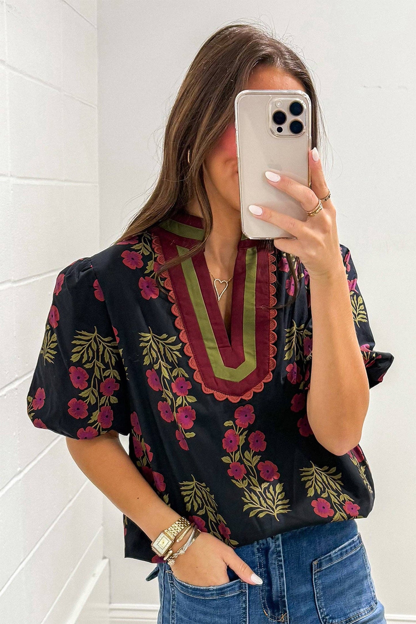 Black Floral Short Bubble Sleeve Contrast Blouse