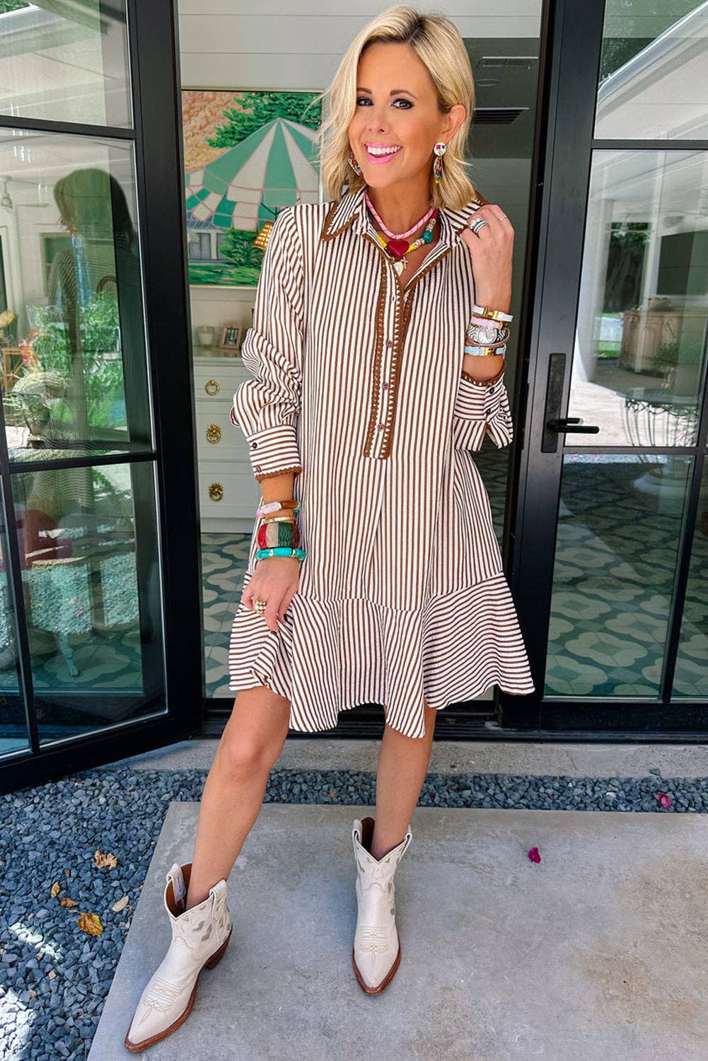 Khaki Stripe Shirt Collar Trim Ruffle Mini Dress