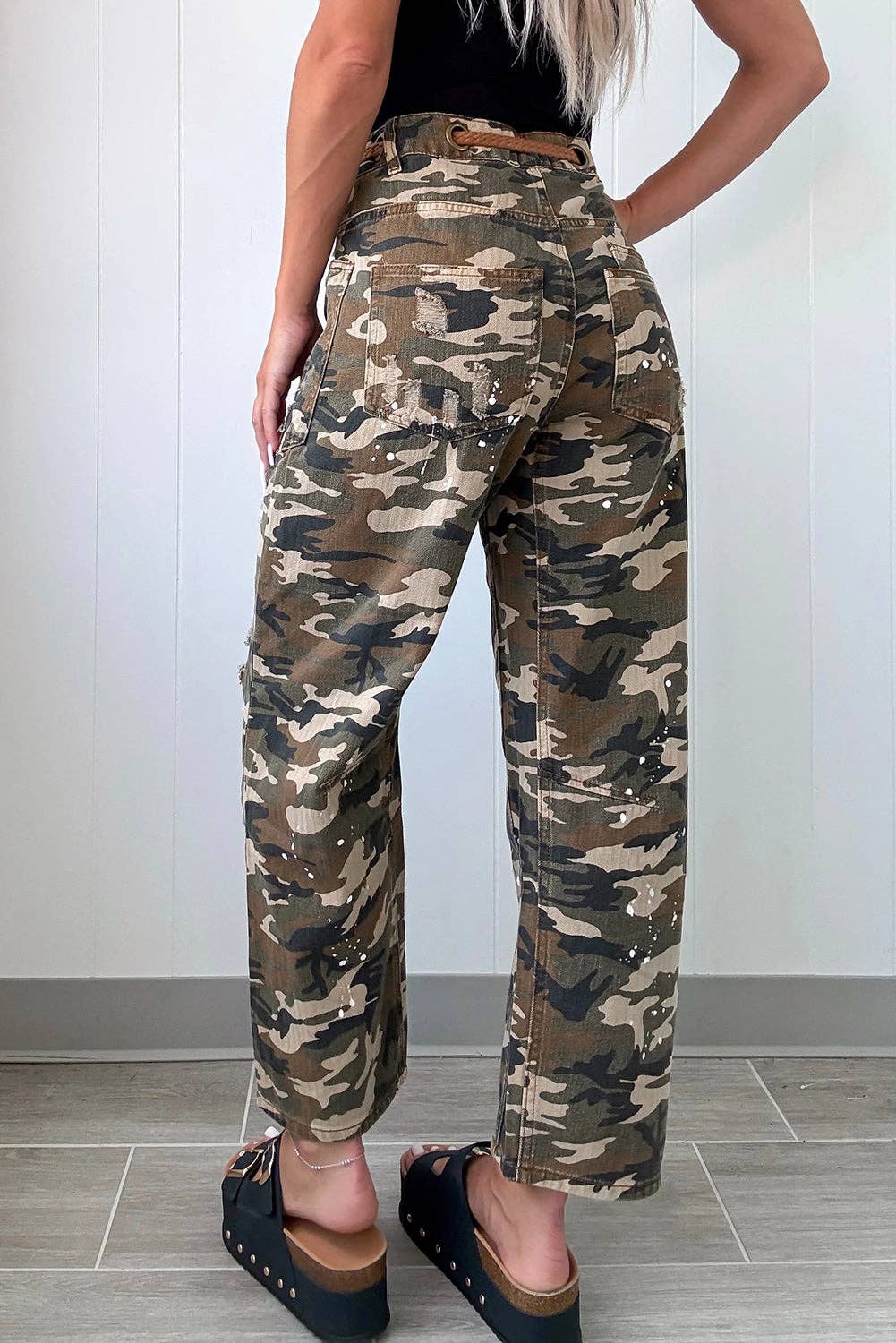 Green Camouflage Distressed Loose Denim Pants