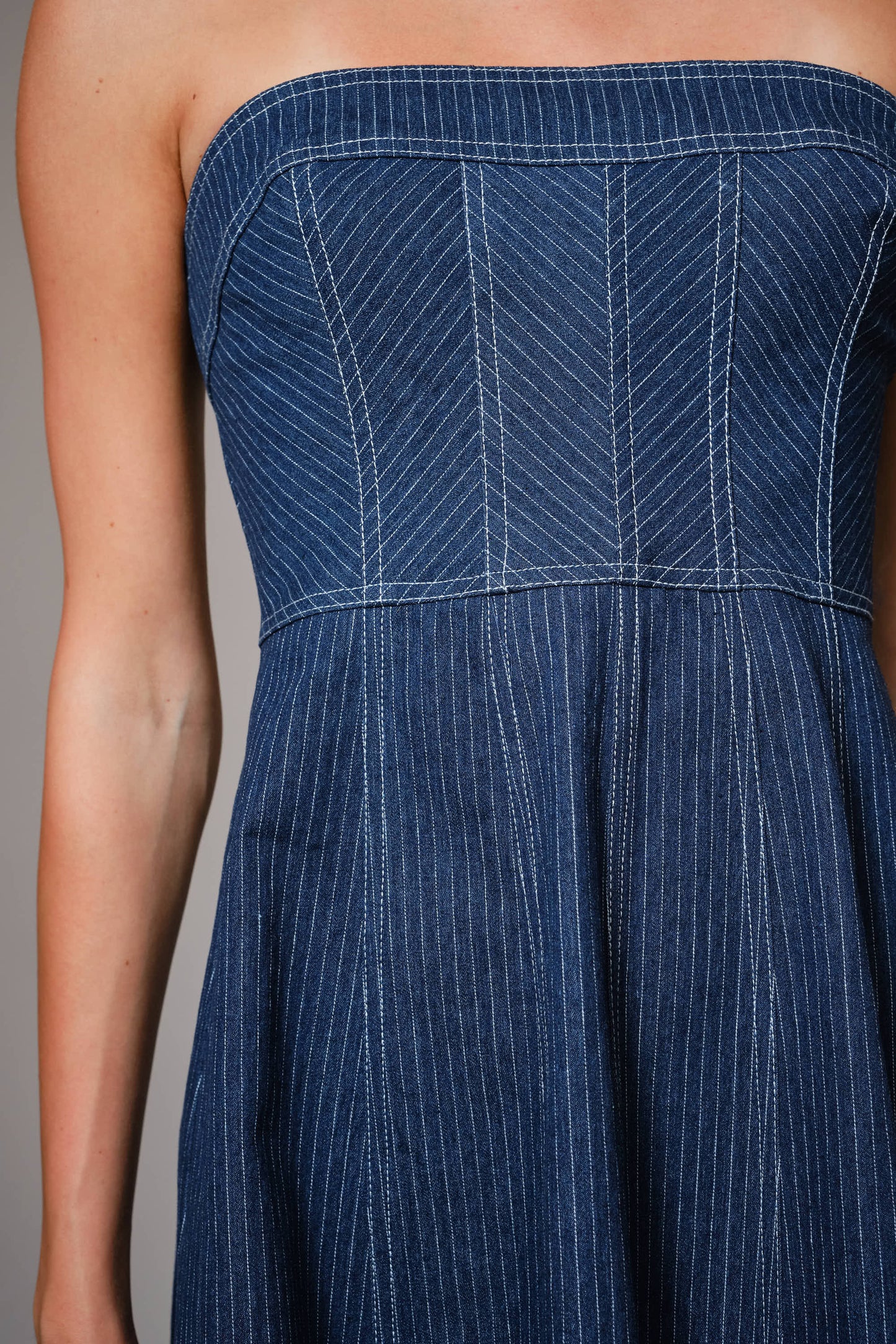 Striped Denim Tube Fit And Flare Mini Dress