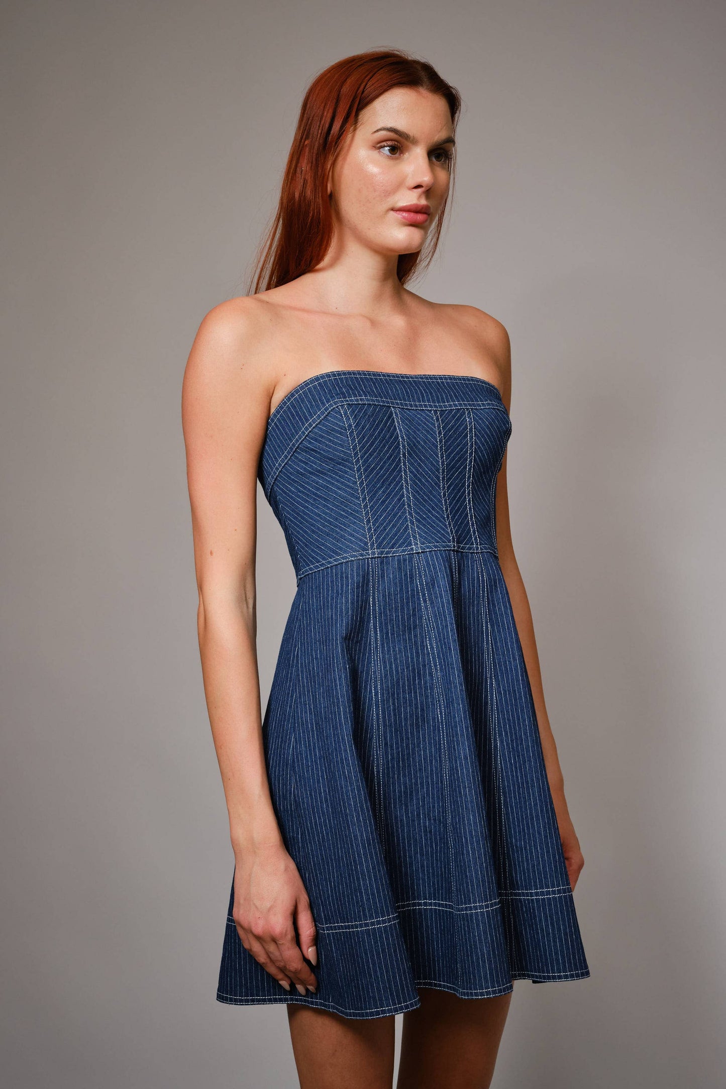 Striped Denim Tube Fit And Flare Mini Dress