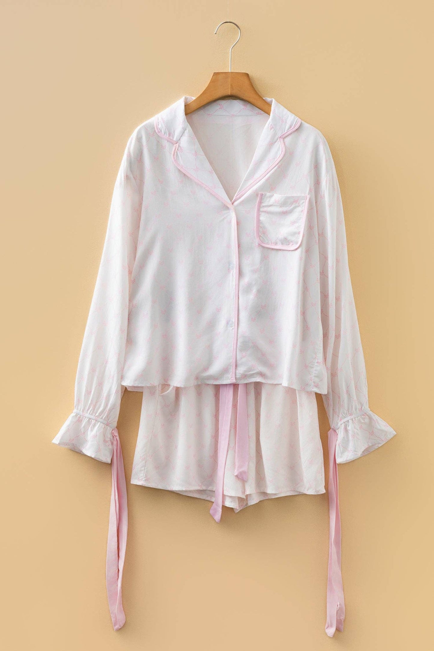 Pink Bow Lattice Print Bow Ties 2pcs Pajama Set
