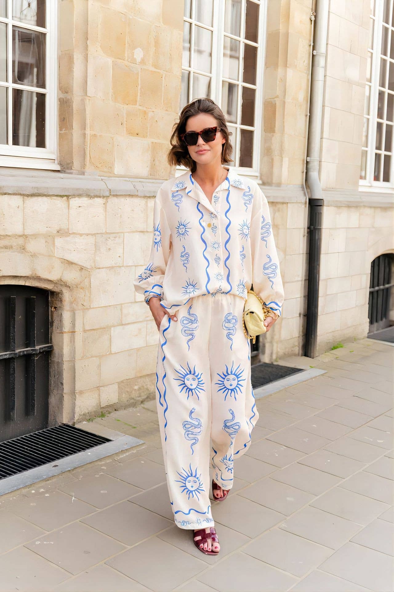 Fashionable printed macaron long sleeve shirt set