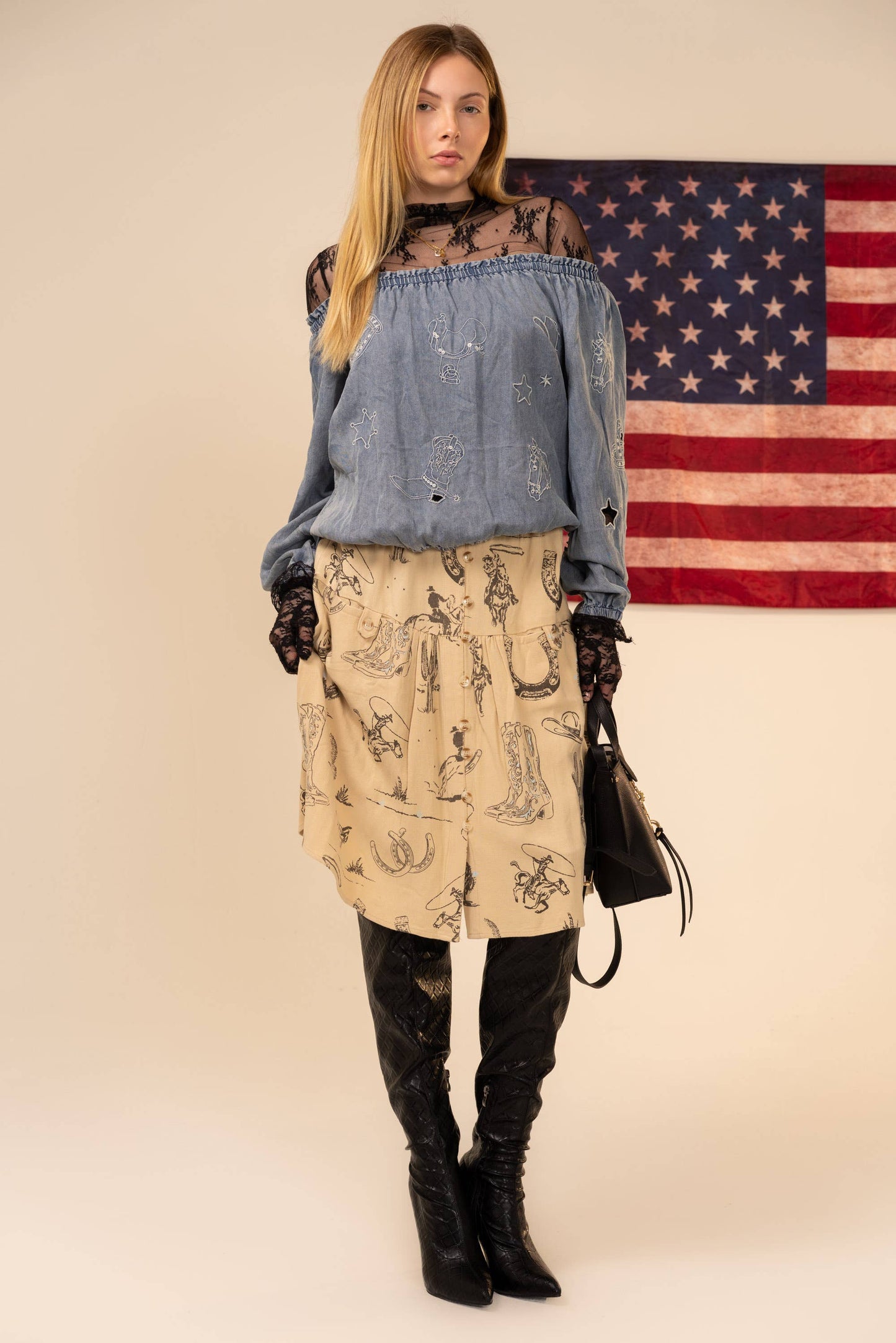 23956T Chambray Western Cutout Off Shoulder Top