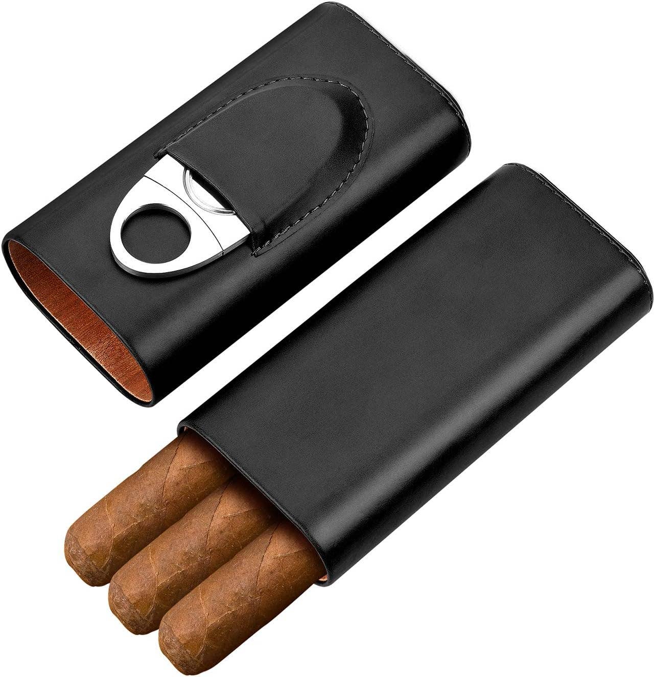 Genuine Leather Cigar Case - Wood Lined Humidor with Cutter