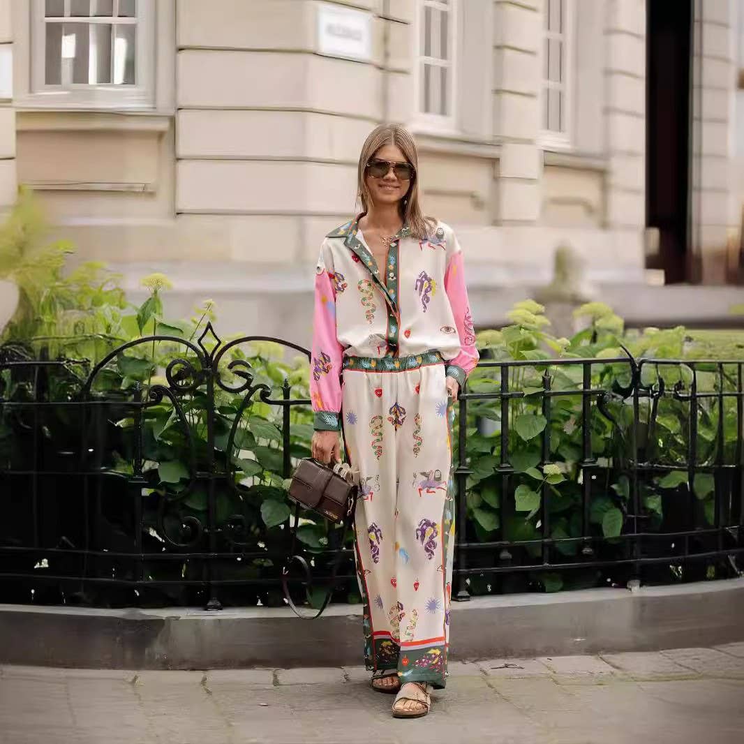 Fashionable printed macaron long sleeve shirt set