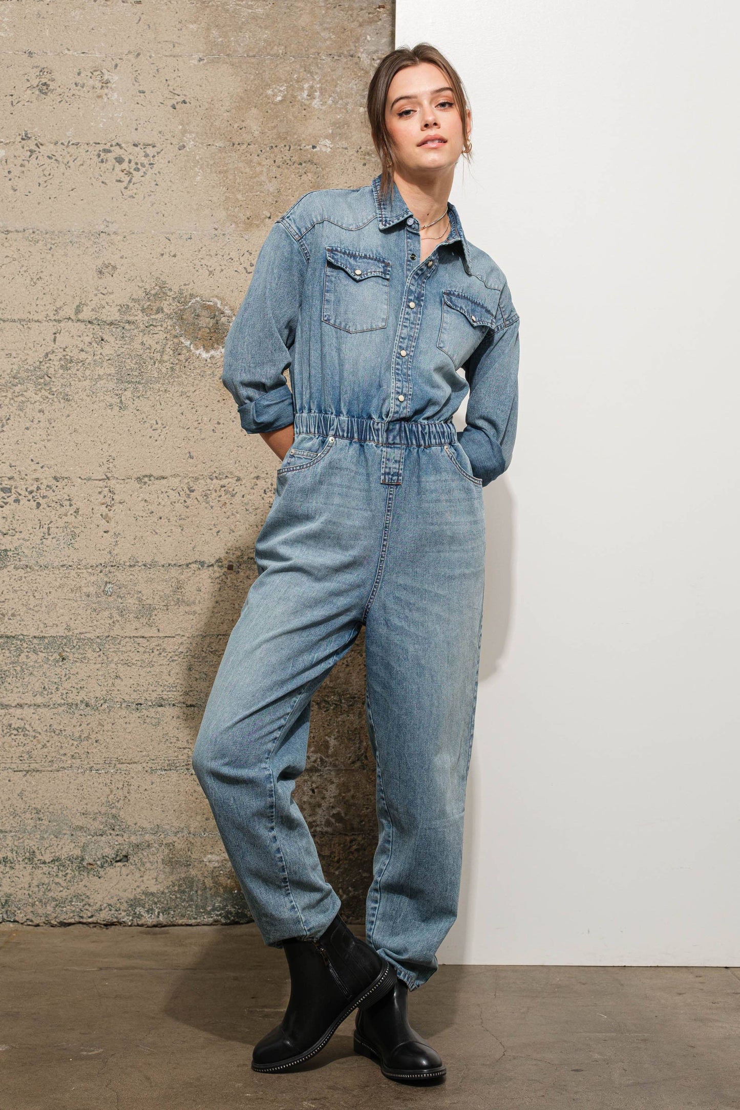 Western Yoke Pocket Denim Jumpsuit