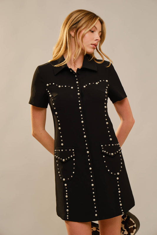 37796D Studded Collared Short Sleeve Mini Dress