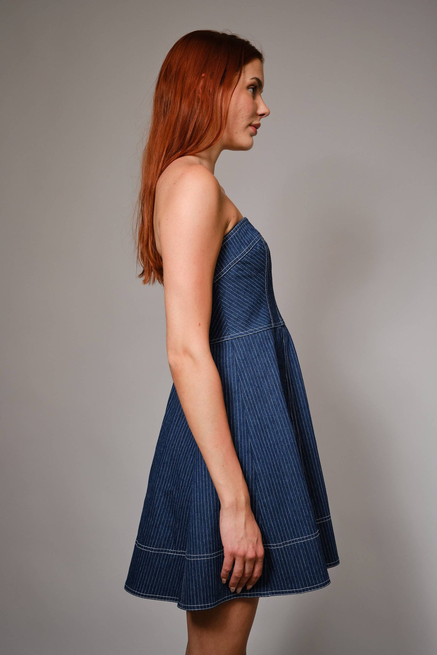 Striped Denim Tube Fit And Flare Mini Dress